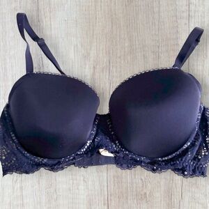 VICTORIA'S SECRET Lined Demi Dream Angels Navy Blue Lace Bra 36D